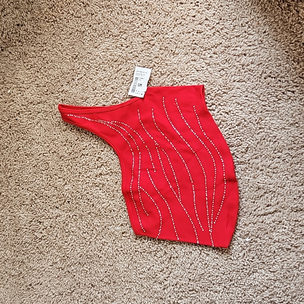 Rhinestone one shoulder crop top